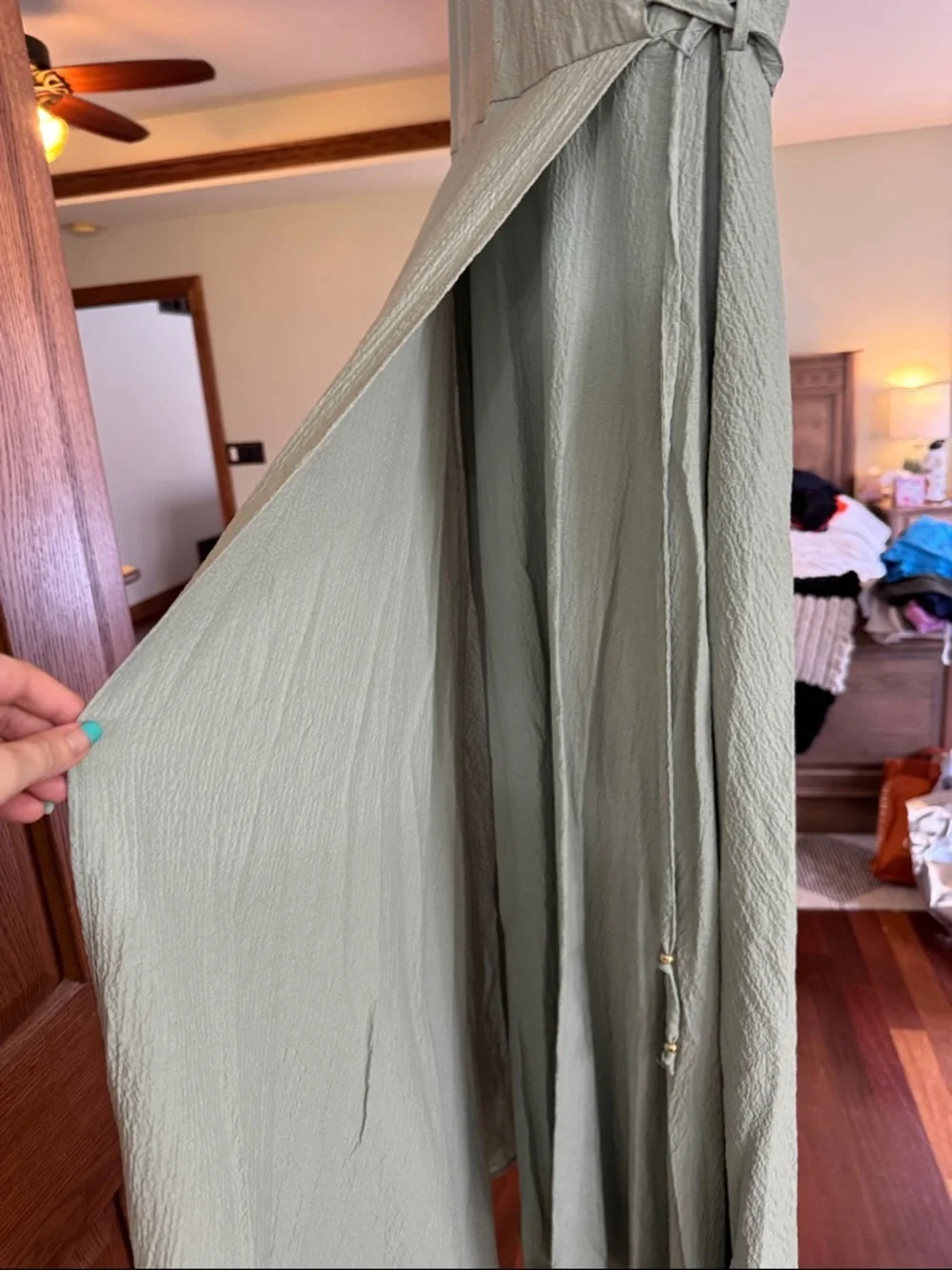 Calvin Klein Sleeveless Wrap Maxi Dress in Sage Green - Picture 3 of 6
